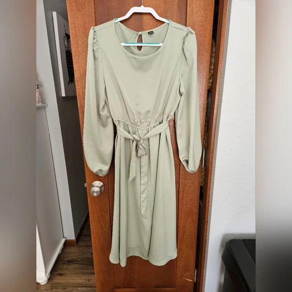 SHEIN Sage Green Long Sleeve Tie-Waist Midi Dress - Picture 1 of 5